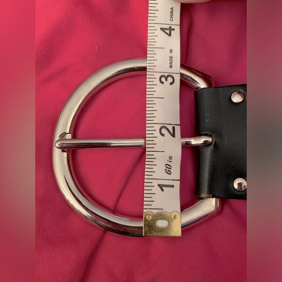 Vtg Pierre Cardin Large Silver Tone Buckle on 2” Black Leather Statement Belt - Picture 8 of 11